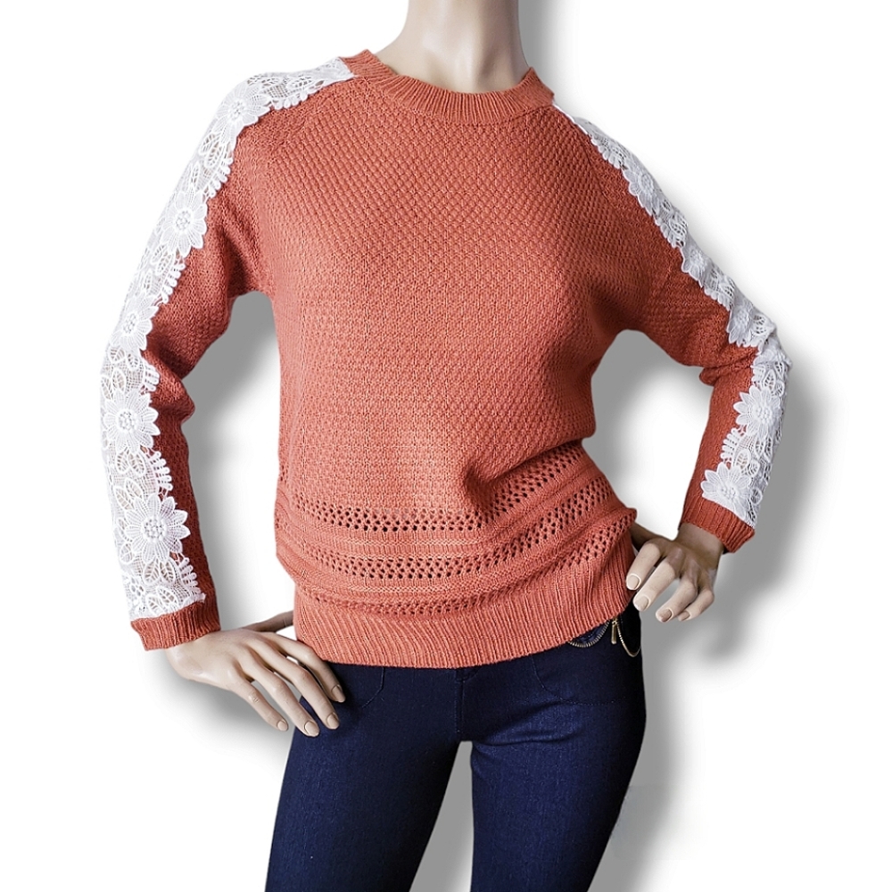 Listicle Rust Orange & White Lace Sleeve Knit Sweater - Picture 3 of 8